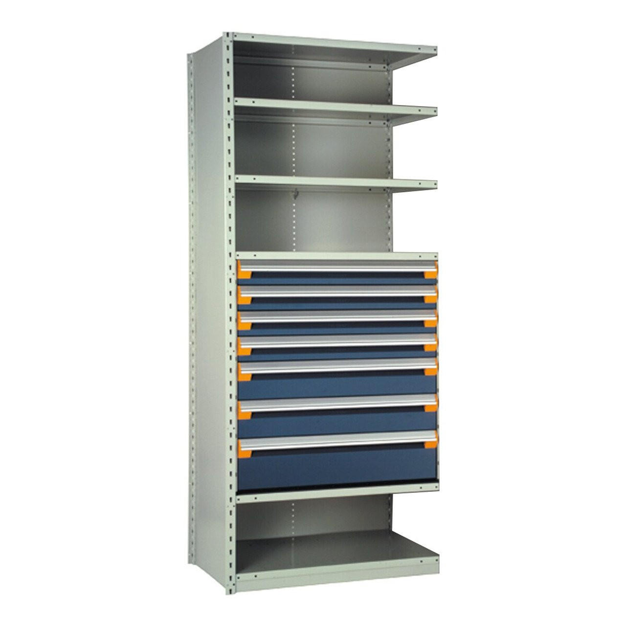 7-Drawer Steel Shelving with Drawers, 36" W x 24" D x 87" H, 6 Shelves, Four 4"H, Two 6"H, One 8"H, Included Dividers, Adder