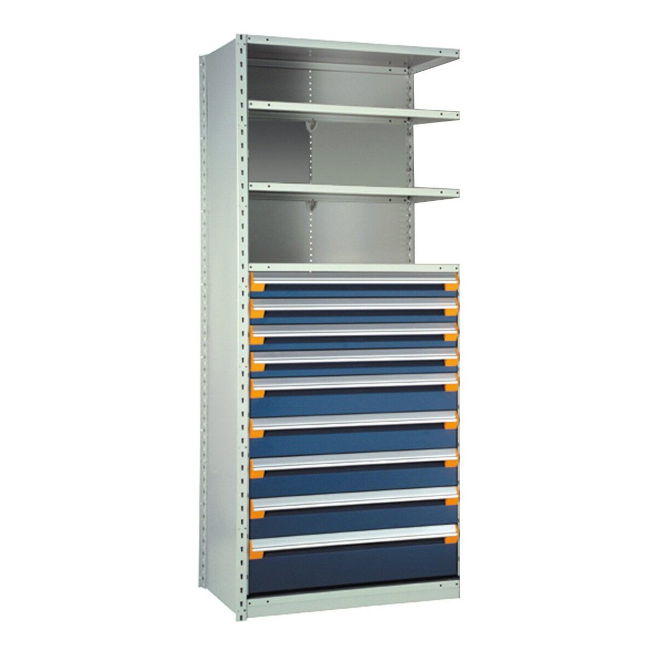 9-Drawer Steel Shelving with Drawers, 48" W x 18" D x 87" H, 5 Shelves, Four 4"H, Four 6"H, One 8"H, Included Dividers, Adder