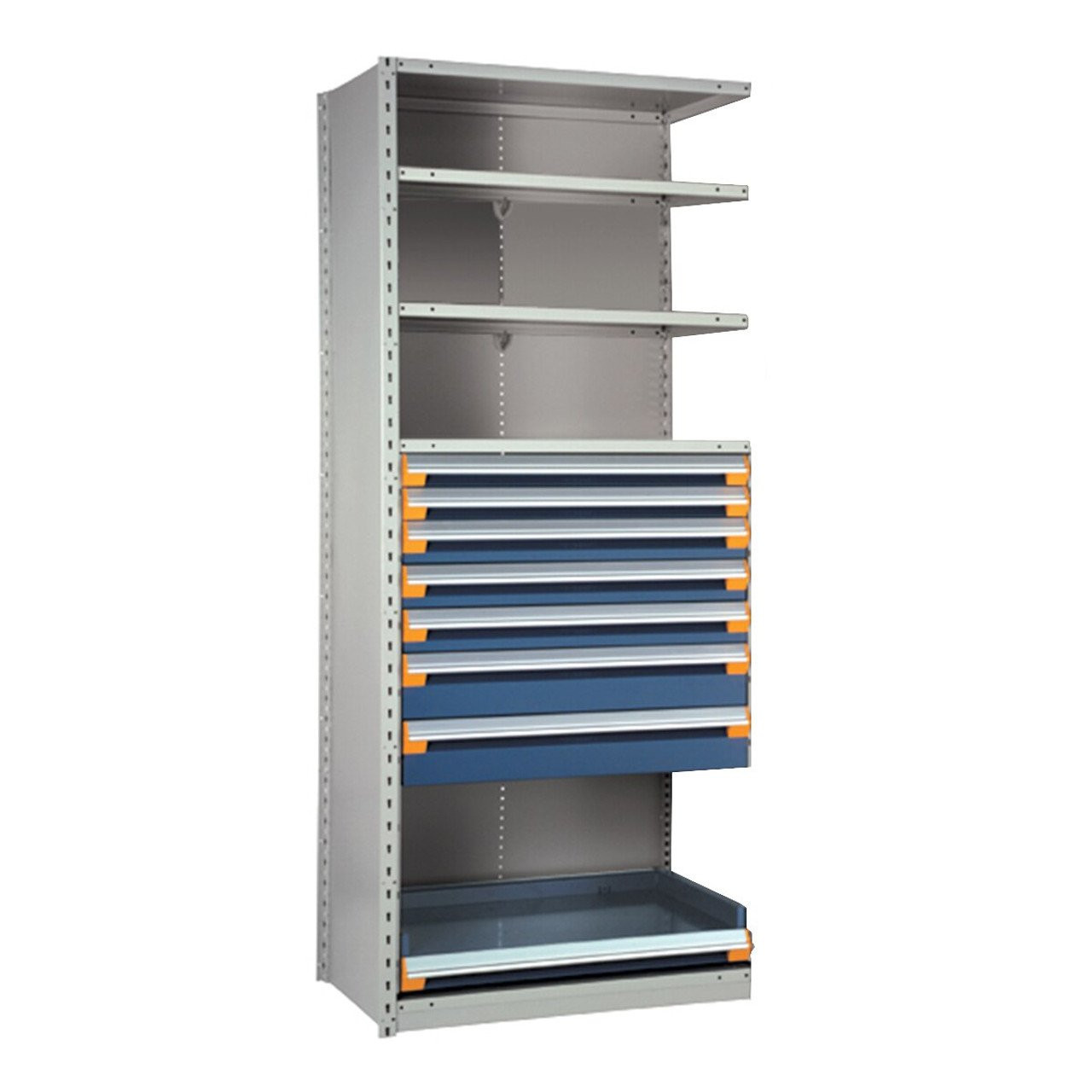 7-Drawer Steel Shelving with Drawers, 36" W x 24" D x 75" H, 4 (with 1 pull-out) Shelves, Two 3"H, Three 4"H, Two 6"H, No Dividers, Adder