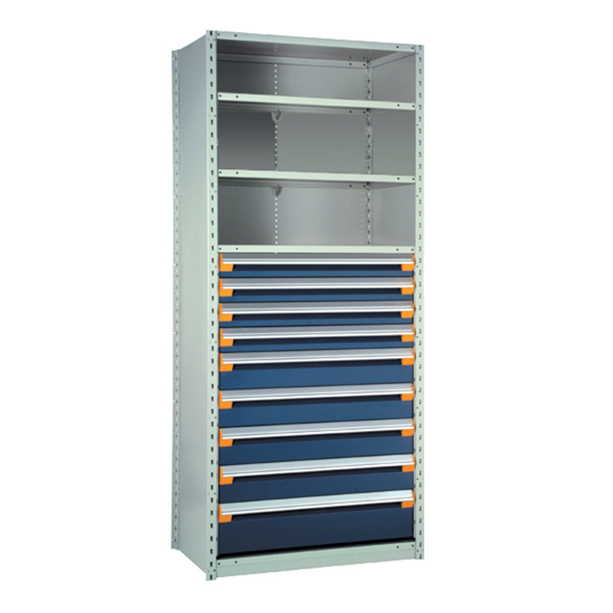 9-Drawer Steel Shelving with Drawers, 36" W x 24" D x 75" H, 4 Shelves, Four 4"H, Four 6"H, One 8"H, No Dividers, Starter