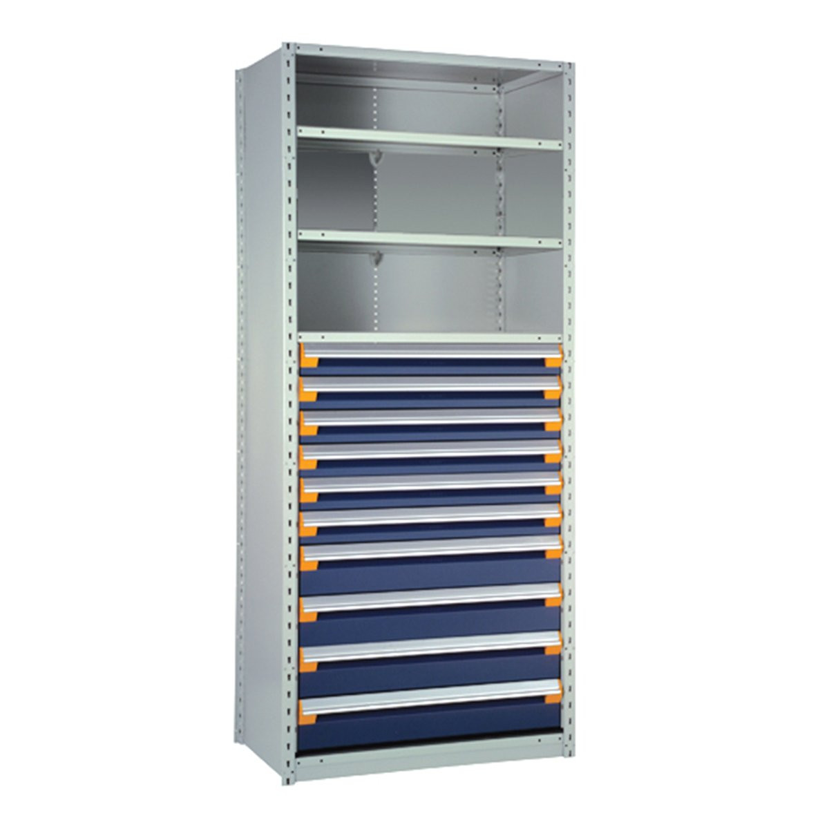 10-Drawer Steel Shelving with Drawers, 36" W x 18" D x 87" H, 5 Shelves, Six 4"H, Four 6"H, No Dividers, Starter