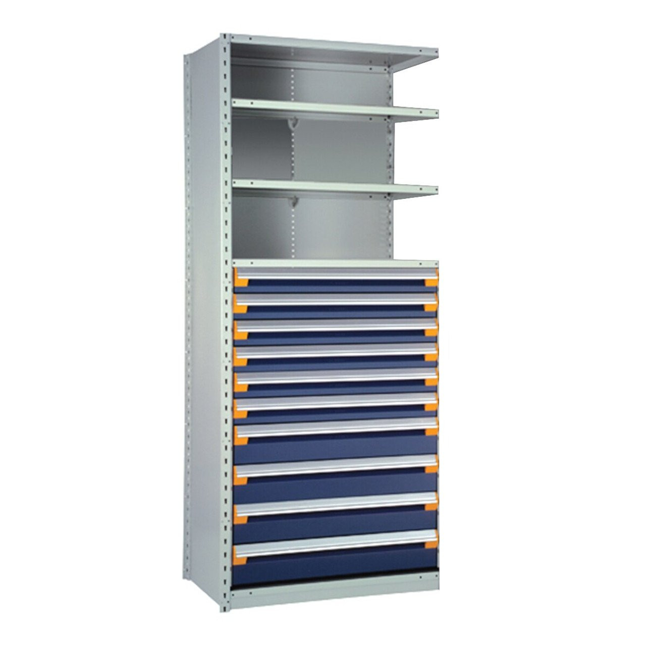 10-Drawer Steel Shelving with Drawers, 42" W x 18" D x 87" H, 5 Shelves, Six 4"H, Four 6"H, No Dividers, Adder