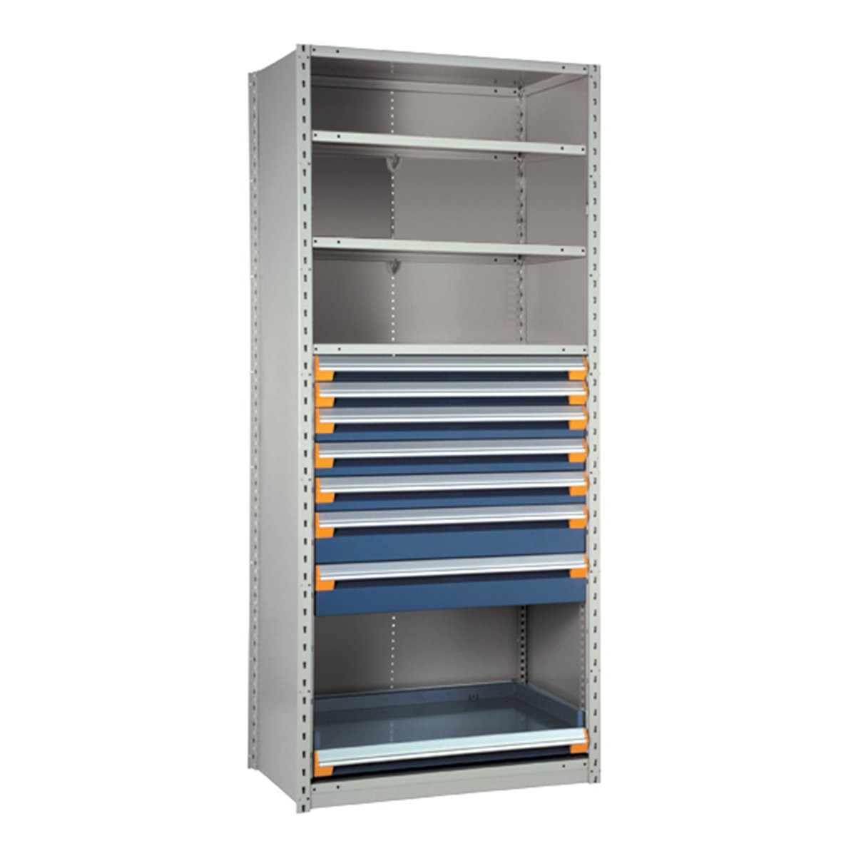 7-Drawer Steel Shelving with Drawers, 36" W x 24" D x 87" H, 4 (with 1 pull-out) Shelves, Two 3"H, Three 4"H, Two 6"H, No Dividers, Starter
