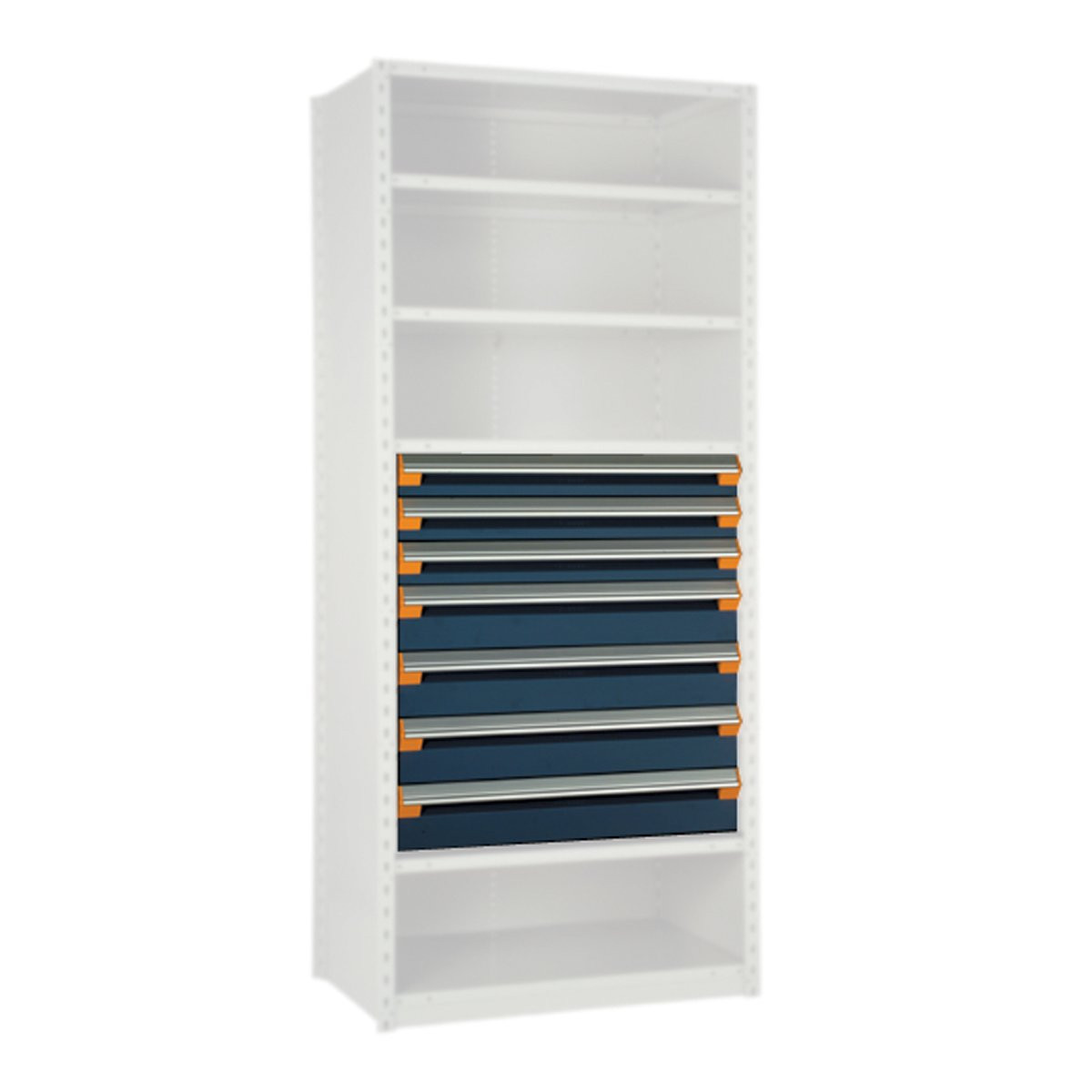 Modular Drawers For Shelving, 36" W x 24" D x 36" H, 7 Drawers, Three 4"H, Four 6"H, No Dividers