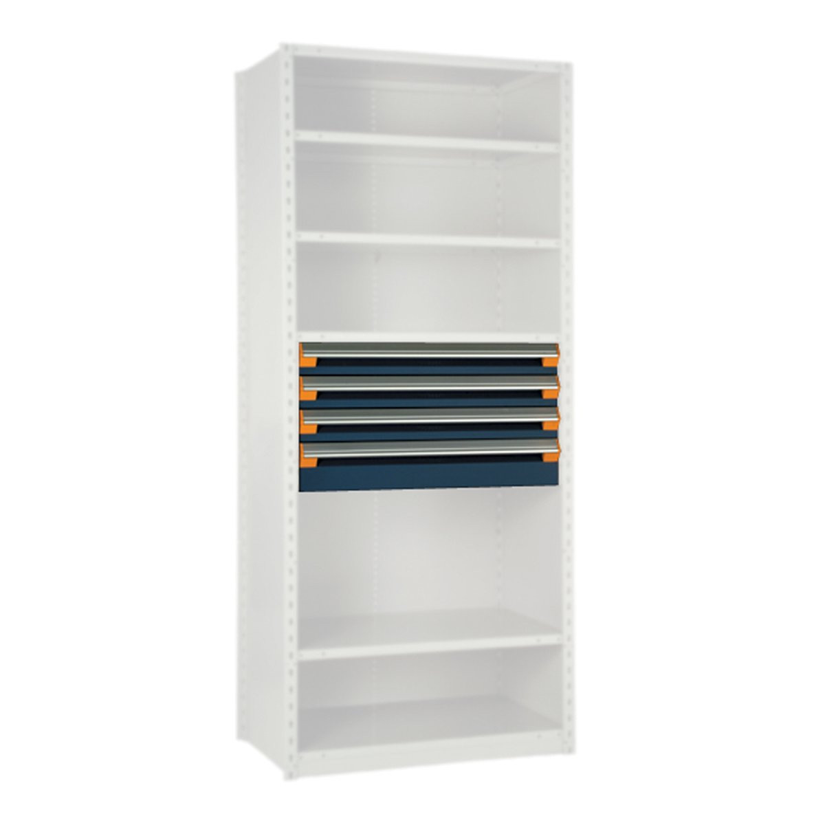 Modular Drawers For Shelving, 48" W x 18" D x 18" H, 4 Drawers, Three 4"H, One 6"H, Includes Dividers