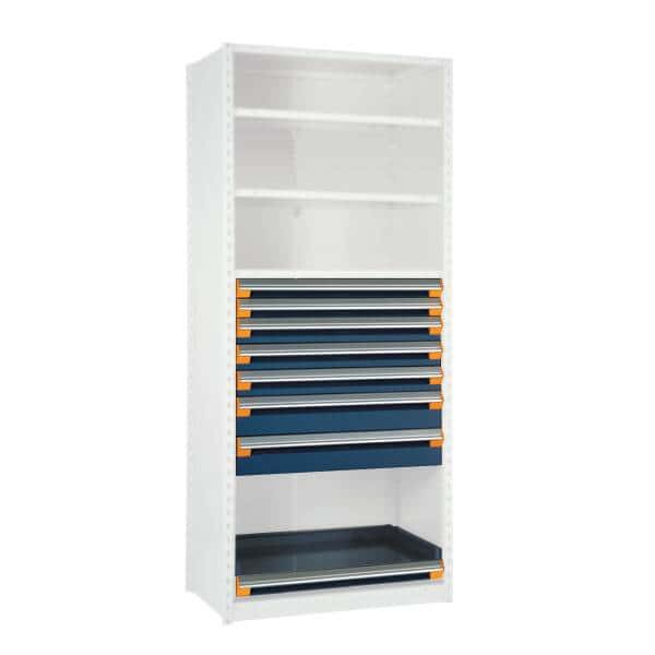 Modular Drawers For Shelving, 48" W x 18" D x 48" H, 7 Drawers, Two 3"H, Three 4"H, Two 6"H, No Dividers