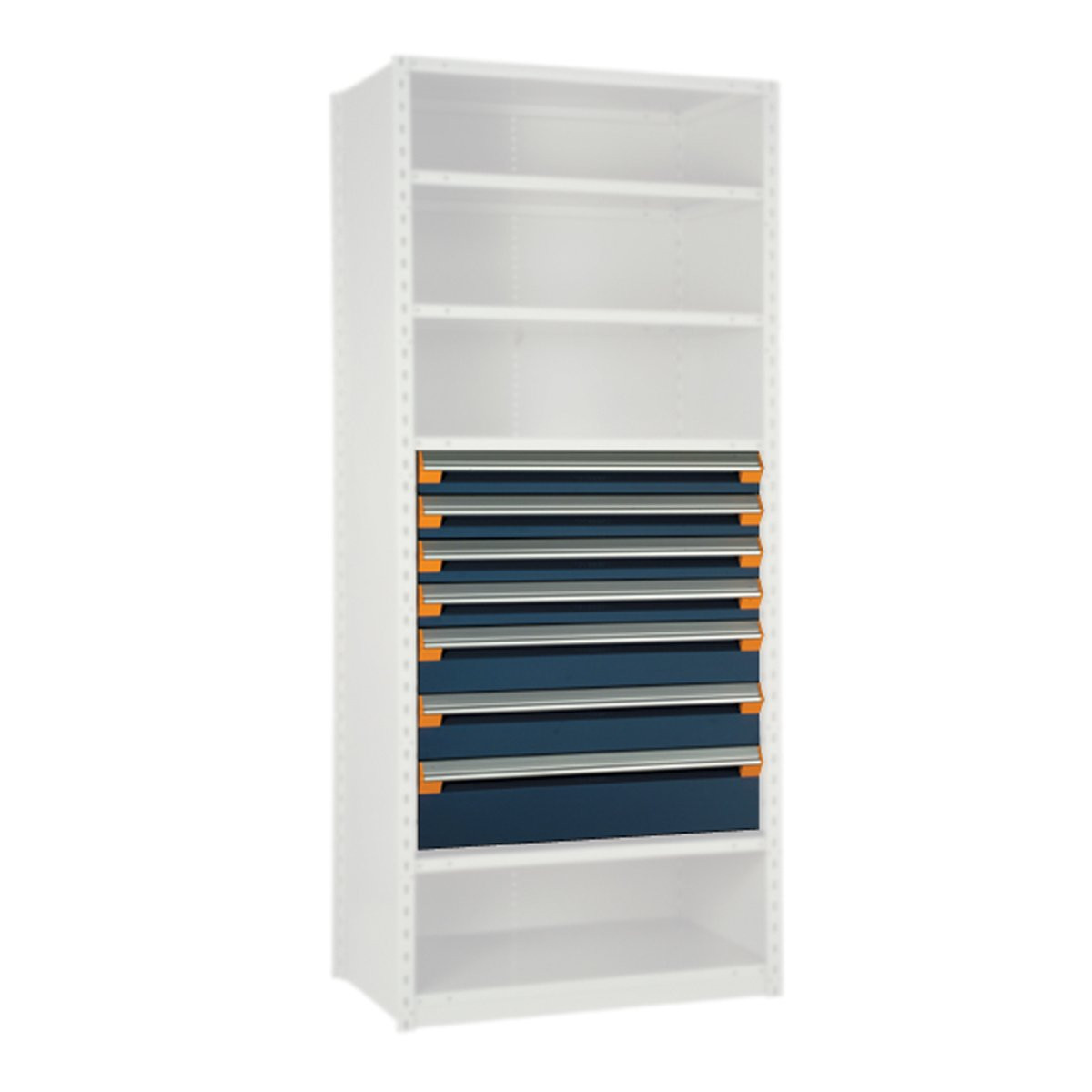 Modular Drawers For Shelving, 48" W x 18" D x 36" H, 7 Drawers, Four 4"H, Two 6"H, One 8"H, No Dividers
