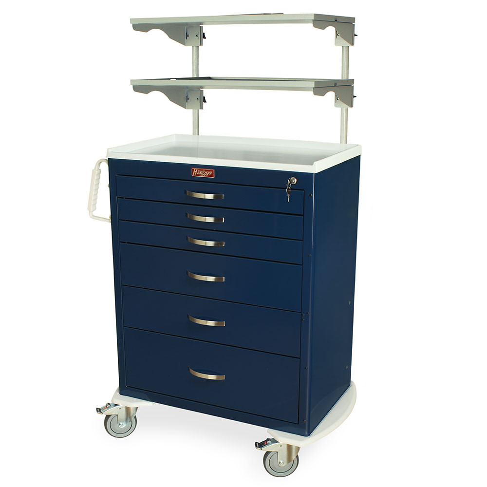 6-Drawer Anesthesia Cart With Key Lock And Adjustable Overhead Shelves, 36.75" W x 22" D x 43.75" H, Steel