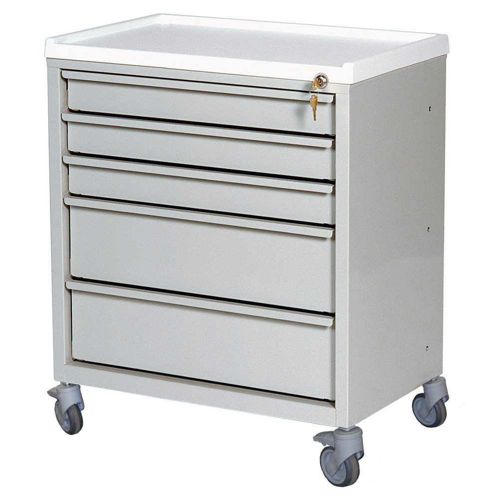 Five Drawer Steel Treatment Cart with Key Lock and Casters, 23.5" W x 15.25" D x 28.75" H