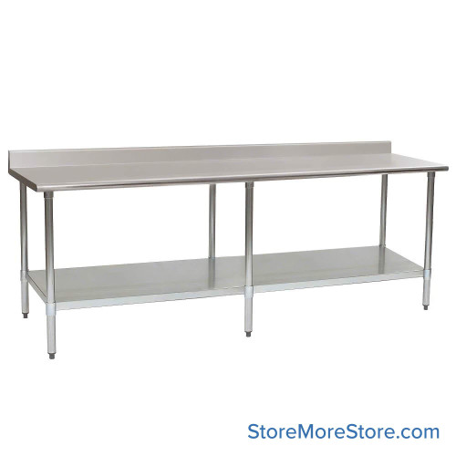 Stainless Steel Top Table, 36" W x 108" D, 14-Gauge 304, Spill Containment Front, 4.5" Backsplash Back, Galvanized Steel Shelf Stainless Steel Top Table, 36" W x 108" D, 14-Gauge 304, Spill Containment Front, 4.5" Backsplash Back, Galvanized Steel Shelf