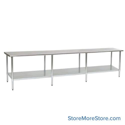 Stainless Steel Top Table, 36" W x 144" D, 14-Gauge 304, 180-Degree Rolled Front, 180-Degree Rolled Back, Galvanized Steel Shelf Stainless Steel Top Table, 36" W x 144" D, 14-Gauge 304, 180-Degree Rolled Front, 180-Degree Rolled Back, Galvanized Steel Shelf