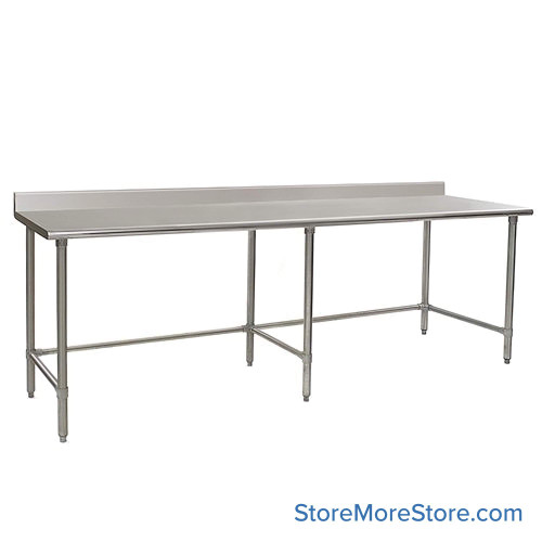 Stainless Steel Top Table, 36" W x 108" D, 16-Gauge 304, 180-Degree Rolled Front, 4.5" Backsplash Back