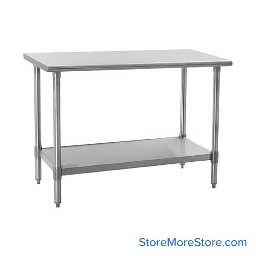 Stainless Steel Top Table, 24" W x 60" D, 16-Gauge 304, 180-Degree Rolled Front, 180-Degree Rolled Back, Galvanized Steel Shelf