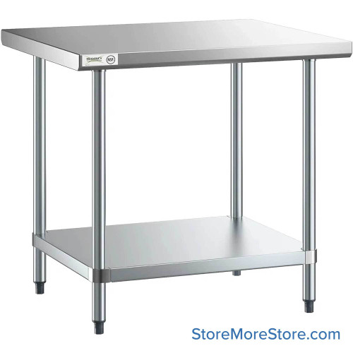 Stainless Steel Top Table, 24" W x 30" D, 16-Gauge 304, 180-Degree Rolled Front, 180-Degree Rolled Back, Galvanized Steel Shelf