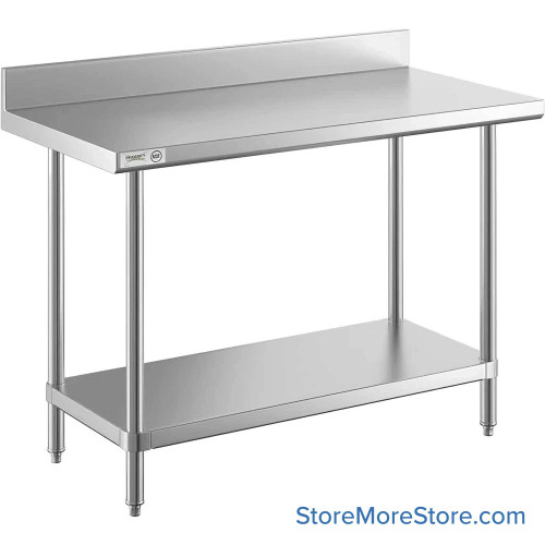 Stainless Steel Top Table, 24" W x 60" D, 18-Gauge 430, 180-Degree Rolled Front, 4.5" Backsplash Back, Galvanized Steel Shelf