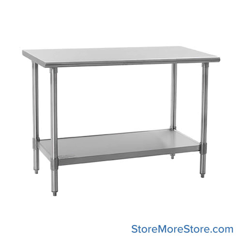 Stainless Steel Top Table, 48" W x 60" D, 14-Gauge 304, Spill Containment Front, Spill Containment Back, Galvanized Steel Shelf