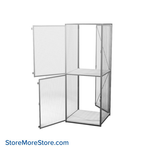Wire Storage Locker, 30" W x 31.5" D x 79.5" H, 2 Front Doors, 1 Rear Door, 2 Shelves, Unassembled
