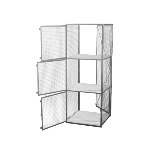 Wire Storage Locker, 30" W x 31.5" D x 79.5" H, 3 Front Doors, 1 Rear Door, 3 Shelves, Unassembled