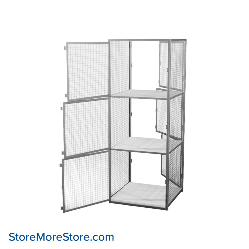 Wire Storage Locker, 24" W x 31.5" D x 79.5" H, 3 Front Doors, 3 Rear Doors, 3 Shelves, Unassembled