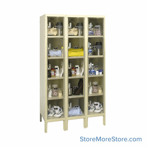 Transparent Locker, 36" W x 12" D x 66" H, 3 Columns, 5 Tiers, Key Lock, Unassembled