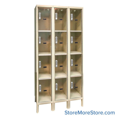 Clear Door Lockers, 36" W x 12" D x 78" H, 3 Columns, 4 Tiers, Assembled