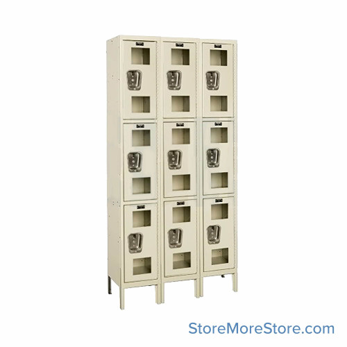 See Through Lockers, 36" W x 12" D x 78" H, 3 Columns, 3 Tiers, Padlock Hasp, Assembled