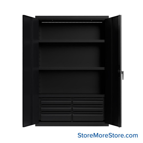Industrial Metal Cabinet with Glass Doors, 48" W x 24" D x 72" H, Double Metal Doors, 6 Half-Width Drawers, 3 Shelves, Key Lock w/ Padlock HASP