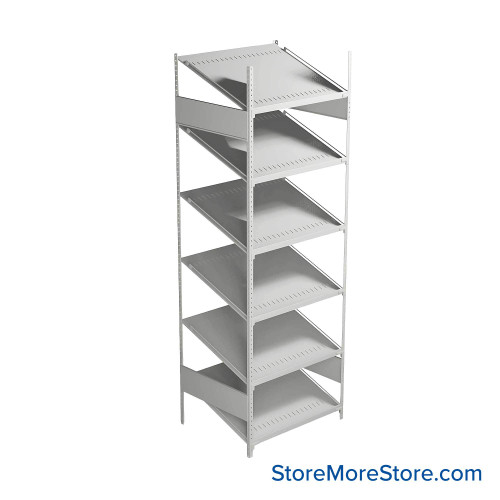 FIFO Shelving, 24" W x 30" D x 75" H, 6 Shelves, 6 (Adjustable) Shelves, Sloped Top/Bottom Shelves, Includes Kit