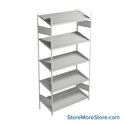 FIFO Shelving, 18" W x 48" D x 87" H, 6 Shelves, 5 (Adjustable) Shelves, Sloped Top/Bottom Shelves, No Kit