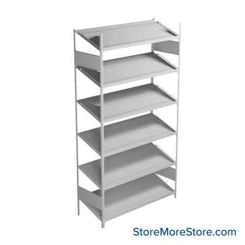 FIFO Shelving, 18" W x 48" D x 87" H, 6 Shelves, 6 (Adjustable) Shelves, Sloped Top/Bottom Shelves, No Kit
