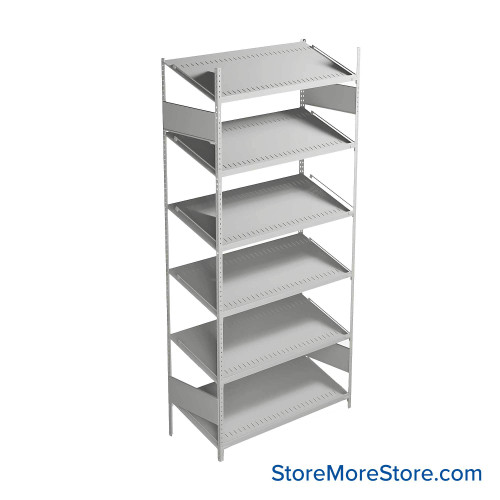 FIFO Shelving, 18" W x 42" D x 75" H, 6 Shelves, 6 (Adjustable) Shelves, Sloped Top/Bottom Shelves, No Kit