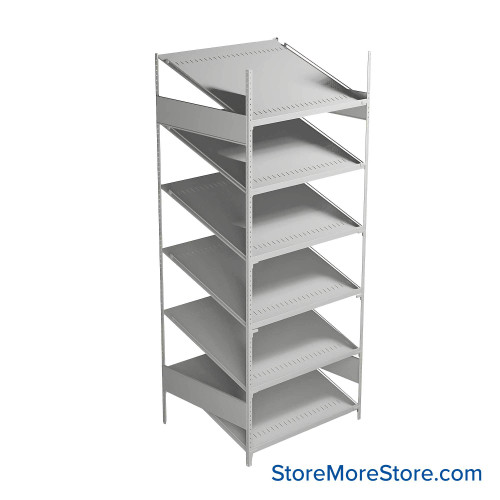 FIFO Shelving, 30" W x 36" D x 75" H, 6 Shelves, 6 (Adjustable) Shelves, Sloped Top/Bottom Shelves, Includes Kit