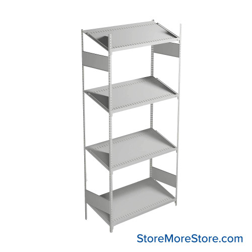 FIFO Shelving, 18" W x 42" D x 87" H, 6 Shelves, 4 (Adjustable) Shelves, Sloped Top/Bottom Shelves, Includes Kit