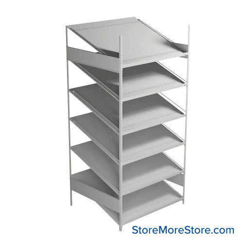 FIFO Shelving, 36" W x 42" D x 87" H, 6 Shelves, 6 (Adjustable) Shelves, Sloped Top/Bottom Shelves, No Kit