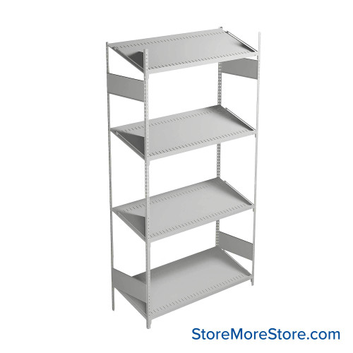 FIFO Shelving, 18" W x 48" D x 87" H, 6 Shelves, 4 (Adjustable) Shelves, Sloped Top/Bottom Shelves, Includes Kit