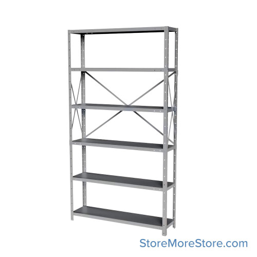 Industrial Shelving Units, 36" W x 12" D x 87" H, Starter, Open Back & Sides, Medium-Duty, 6 Adjustable Shelfs Industrial Shelving Units, 36" W x 12" D x 87" H, Starter, Open Back & Sides, Medium-Duty, 6 Adjustable Shelfs