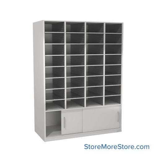 Mail Sorter Cabinet, 56.25" W x 17" D x 76" H, Oversize Slot Size, Sliding Door Enclosed Bottom Storage