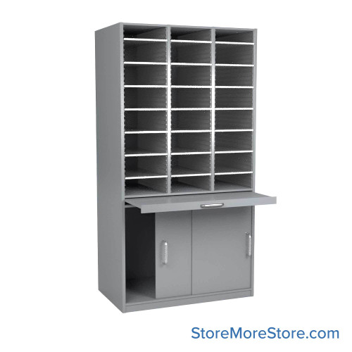 Mail Sorter Cabinet, 36.5" W x 17" D x 76" H, Legal Slot Size, Sliding Door Enclosed Bottom Storage, 13.75" Pull-Out Shelf Mail Sorter Cabinet, 36.5" W x 17" D x 76" H, Legal Slot Size, Sliding Door Enclosed Bottom Storage, 13.75" Pull-Out Shelf