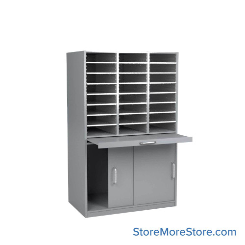 Mail Sorter Cabinet, 36.5" W x 13" D x 60" H, Letter Slot Size, Sliding Door Bottom Storage, 9.75" Pull-Out Shelf