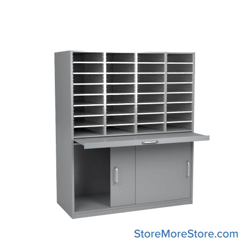 Mail Sorter Cabinet, 56.25" W x 17" D x 48" H, Oversize Slot Size, Sliding Door Enclosed Bottom Storage, 13.75" Pull-Out Shelf