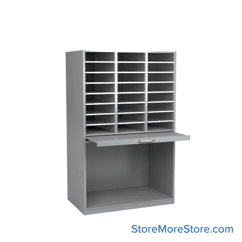 Mail Sorter Cabinet, 42.5" W x 17" D x 60" H, Oversize Slot Size, Open Bottom Storage, 13.75" Pull-Out Shelf