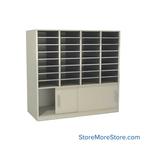 Mail Sorter Cabinet, 48.25" W x 17" D x 48" H, Legal Slot Size, Sliding Door Enclosed Bottom Storage