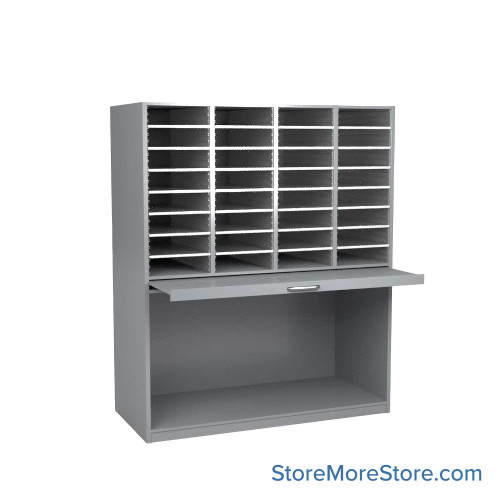 Mail Sorter Cabinet, 56.25" W x 17" D x 76" H, Oversize Slot Size, Open Bottom Storage, 13.75" Pull-Out Shelf