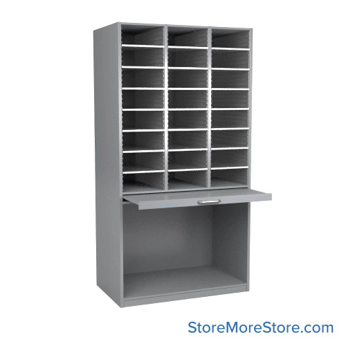 Mail Sorter Cabinet, 36.5" W x 17" D x 76" H, Legal Slot Size, Open Bottom Storage, 13.75" Pull-Out Shelf