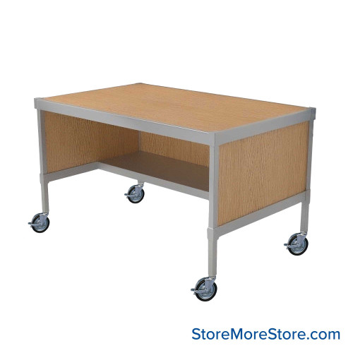 Mail Desk, 25" W x 60" D x 36" H, Half Shelf Desk, Includes Casters, 21.875" Modesty Panel Height