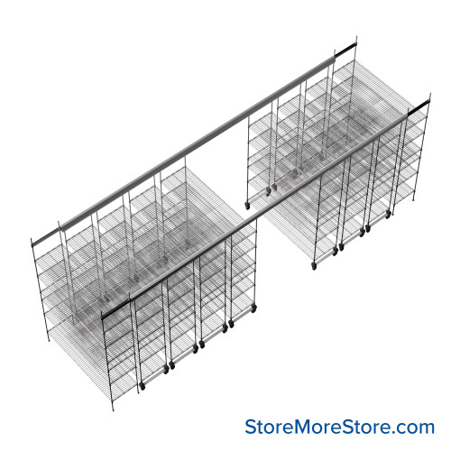 Top Track Shelving, 228" W x 72" D x 86" H, 72"W x 18"D Shelf Dimensions, 6 Adjustable Shelfs