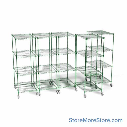 Pull Out Wire Shelving, 51" W x 48" D x 79" H, 36" Shelf Depth, 5 Total Units, Green Epoxy