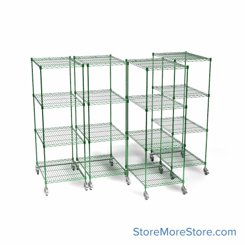 Pull Out Wire Shelving, 141" W x 72" D x 79" H, 36" Shelf Depth, 4 Total Units, Green Epoxy, 3674-4