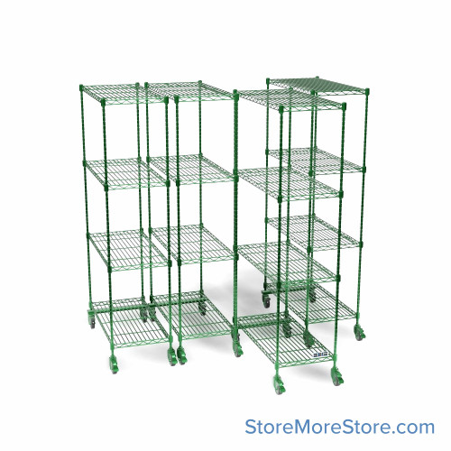 Pull Out Wire Shelving, 93" W x 60" D x 79" H, 36" Shelf Depth, 4 Total Units, Green Epoxy, 3686-4