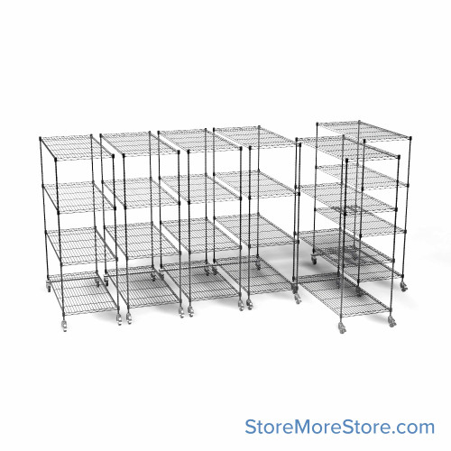 Pull Out Wire Shelving, 132" W x 60" D x 79" H, 48" Shelf Depth, 6 Total Units, Black Epoxy